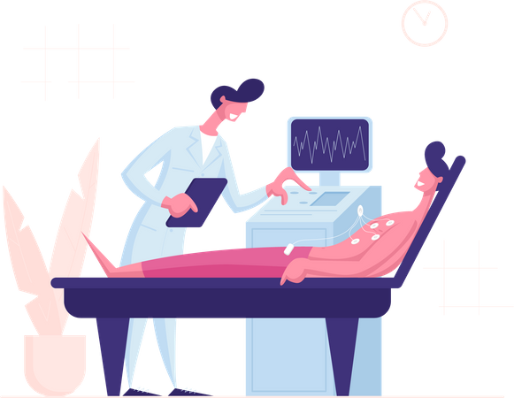 Médecin scannant un jeune homme avec une machine de diagnostic à ultrasons  Illustration