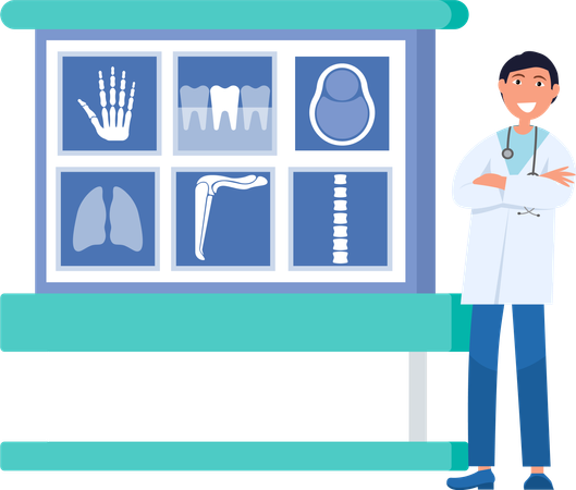 Médecin souriant en uniforme debout près du panneau de radiographie  Illustration