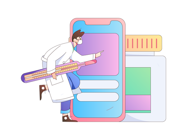 Médecin tenant un thermomètre tout en pointant un flacon de médicament  Illustration