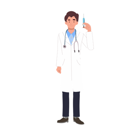 Médecin tenant une seringue, professionnel de la santé pour la vaccination et l'immunisation  Illustration