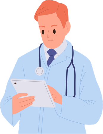 Médecin utilisant une tablette mobile vérifiant la carte médicale du profil du patient  Illustration