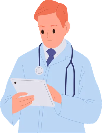 Médecin utilisant une tablette mobile vérifiant la carte médicale du profil du patient  Illustration