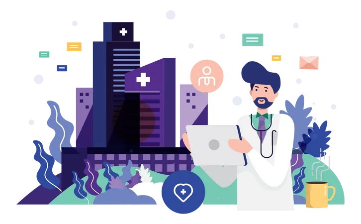 Un médecin utilise une infrastructure IoT moderne pour la modernisation  Illustration