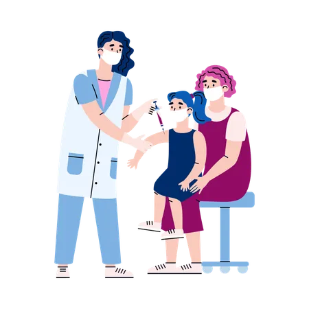 Un médecin vaccine un enfant assis sur les genoux de sa mère  Illustration