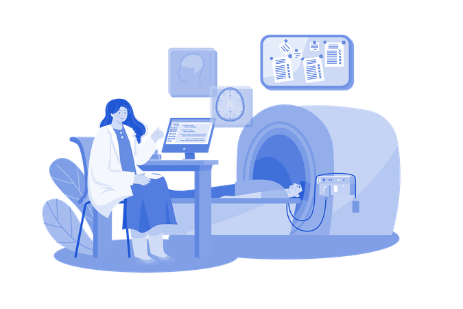 Médecin vérifiant la santé des patients à l'aide d'un appareil IRM  Illustration
