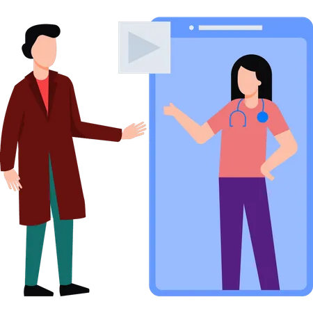 Médecin vérifiant le patient sur mobile  Illustration