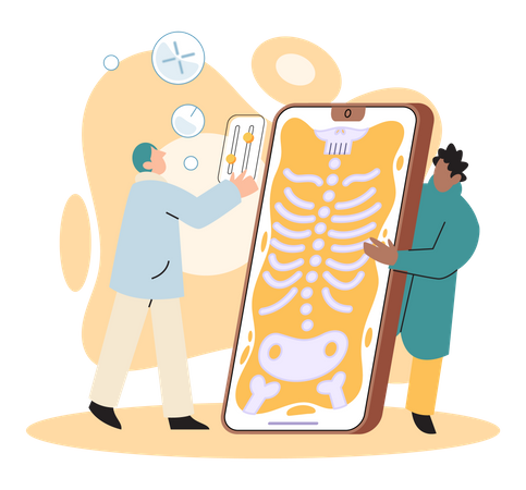 Médecin vérifiant les rayons électroniques des patients en ligne  Illustration