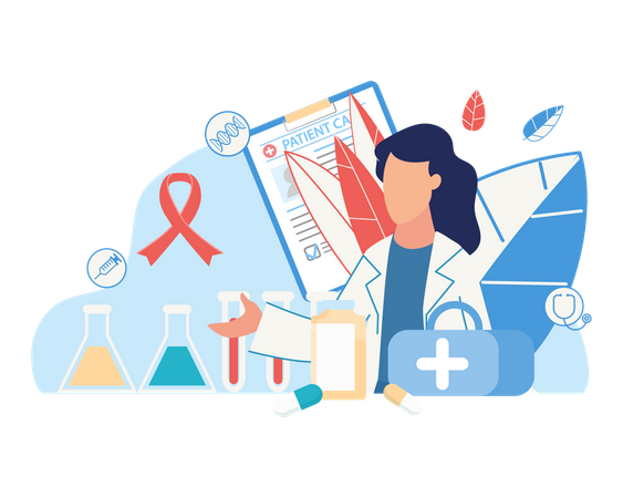 Médecin vérifiant un échantillon de sang d'une patiente atteinte d'un cancer du sein  Illustration