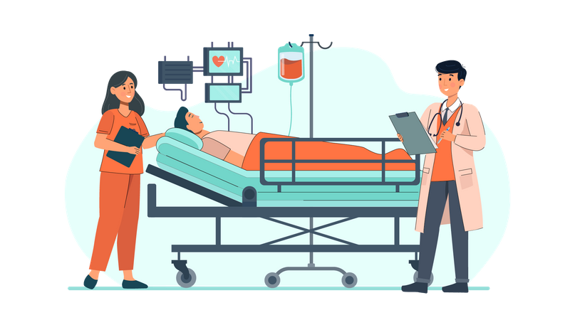 Médecin vérifiant un patient dans une salle privée  Illustration