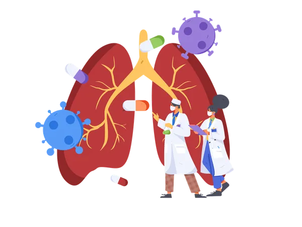 Le médecin vérifie le rapport pulmonaire et donne des médicaments  Illustration