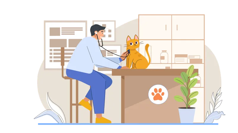 Médecin vétérinaire masculin vérifiant la santé des animaux de compagnie  Illustration