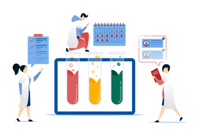 Médecins et étudiants vérifiant et enregistrant les liquides dans des tubes à essai  Illustration