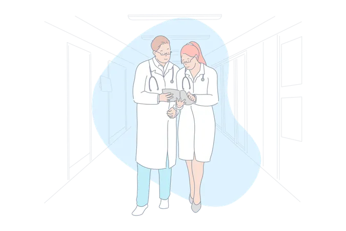 Médecins masculins et féminins étudiant le dossier médical  Illustration