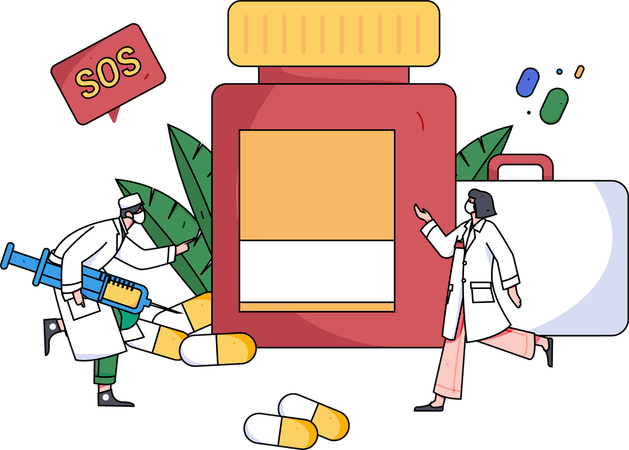 Médecins montrant des médicaments en cas d'urgence  Illustration