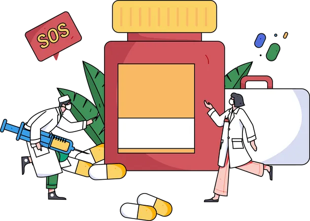 Médecins montrant des médicaments en cas d'urgence  Illustration