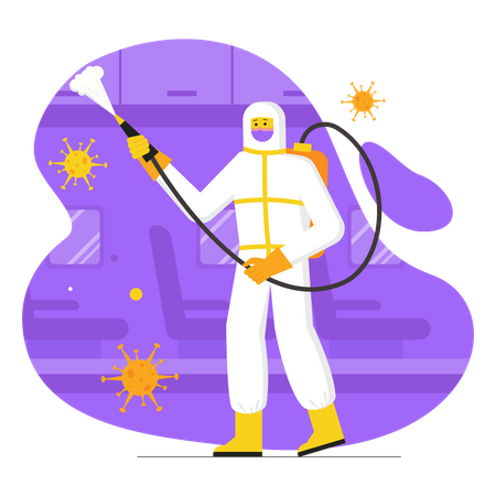 Medic in protective suit disinfects surfaces indoors Illustration