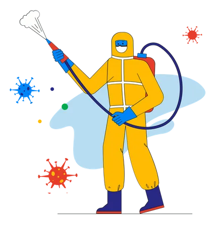 Medic in protective suit disinfects surfaces indoors Illustration