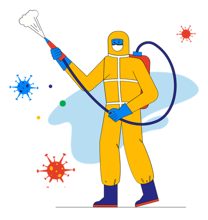 Medic in protective suit disinfects surfaces indoors  Illustration