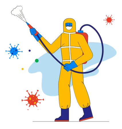 Medic in protective suit disinfects surfaces indoors  Illustration