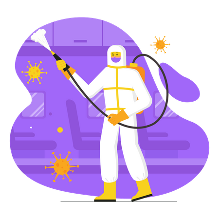 Medic in protective suit disinfects surfaces indoors  Illustration