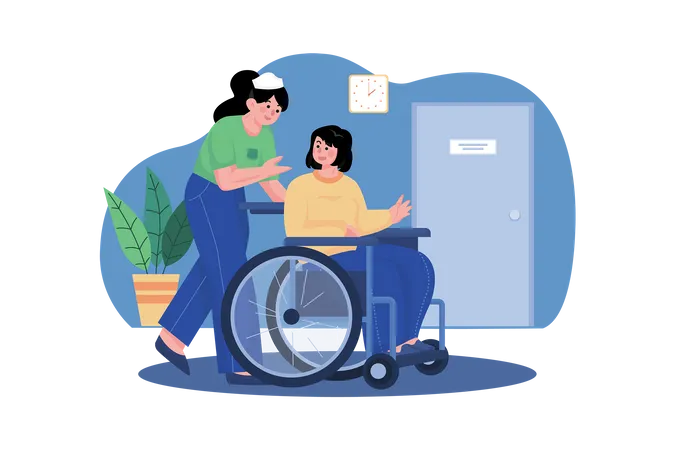 Medic Woman Helping Lady In A Wheelchair  일러스트레이션