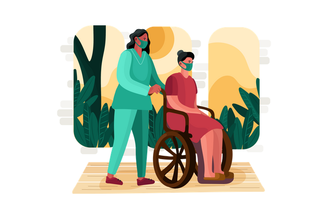 Medic Woman Helping lady on wheelchair Illustration