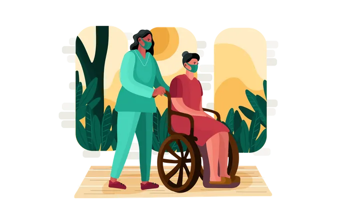 Medic Woman Helping lady on wheelchair Illustration