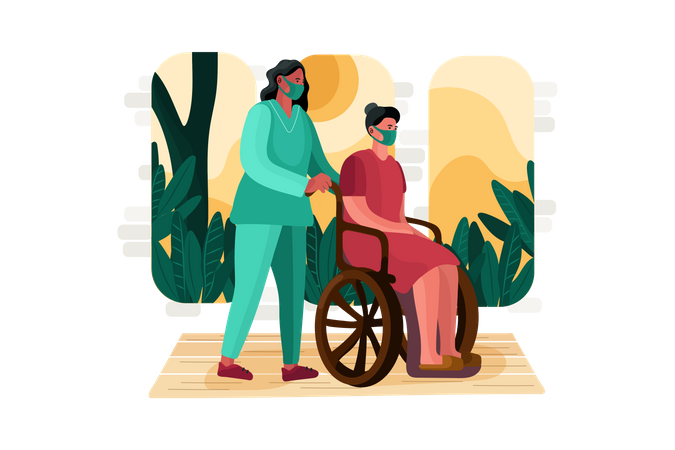 Medic Woman Helping lady on wheelchair  Illustration