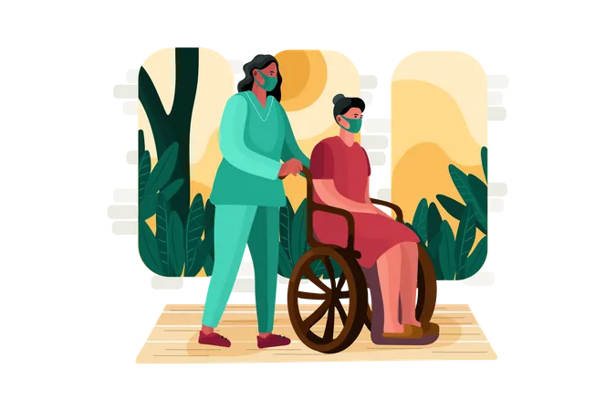 Medic Woman Helping lady on wheelchair  Illustration