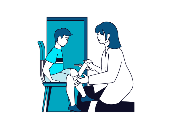 Médica aplicando curativo em menino  Ilustração