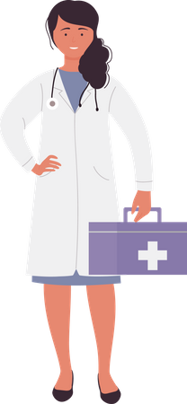 Médica com kit de primeiros socorros  Ilustração