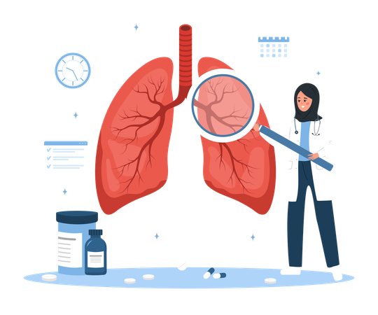 Médica com grande lupa examina órgãos internos  Ilustração