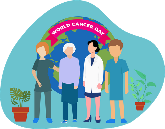 Médica com pacientes com câncer comemora o dia mundial do câncer  Ilustração