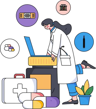 Médica dando prescrição de medicamentos online  Ilustração