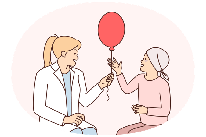 Médica e menina sofrendo de câncer com balão em clínica de oncologia  Ilustração