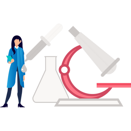 Médica em pé com microscópio  Ilustração