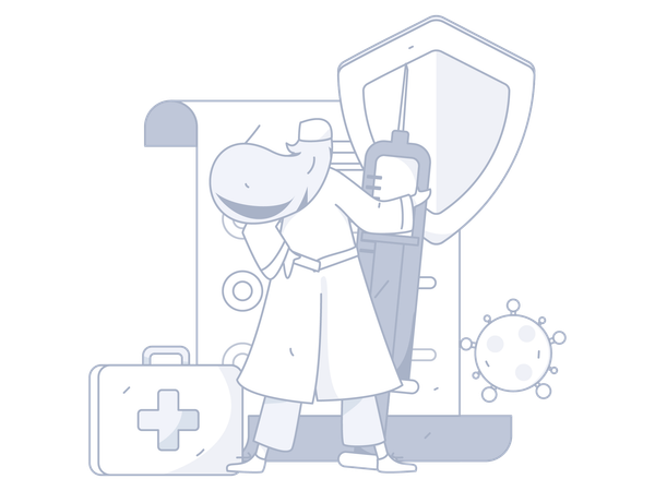 Médica em pé com vacina e caixa de primeiros socorros  Ilustração
