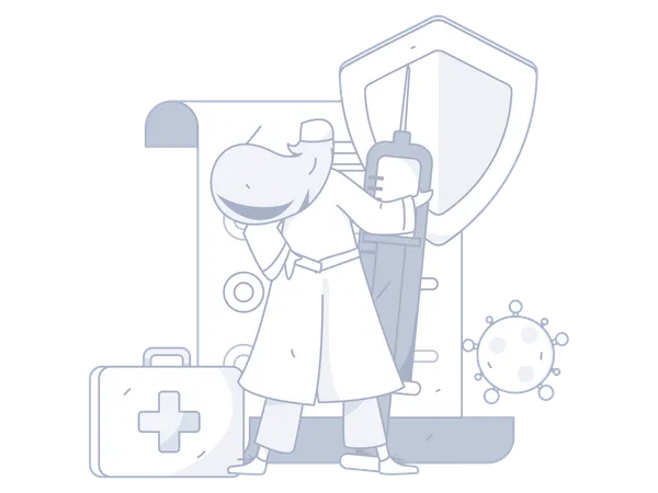 Médica em pé com vacina e caixa de primeiros socorros  Ilustração