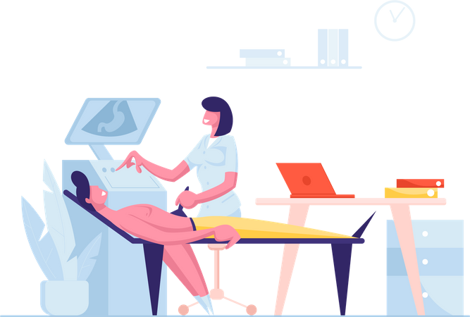 Médica examinando o estômago de um jovem com máquina de diagnóstico por ultrassom  Ilustração