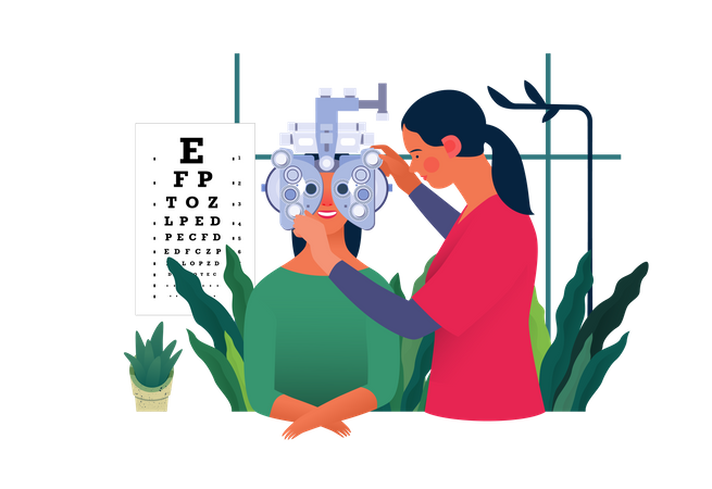 Médica fazendo exame oftalmológico  Ilustração
