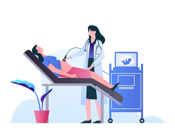 Médica fazendo procedimento de gravidez por ultrassom  Ilustração