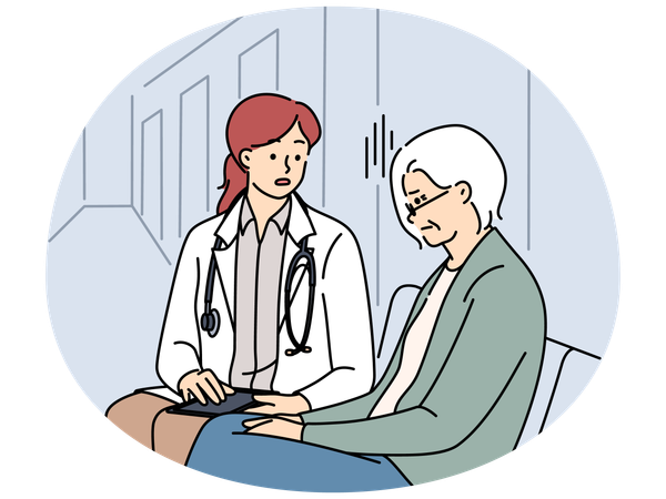 Doctora hablando con una abuela anciana en el hospital  Ilustración