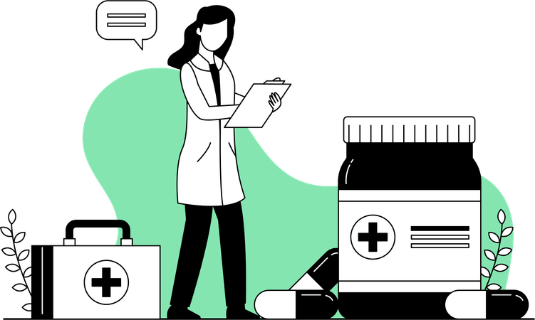 Médica dando prescrição de remédios  Ilustração