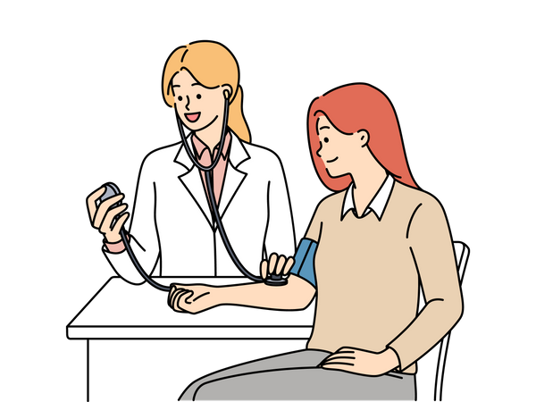 Médica verificando a pressão arterial da menina  Ilustração