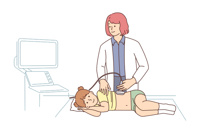 Médica verificando o estômago da criança  Ilustração