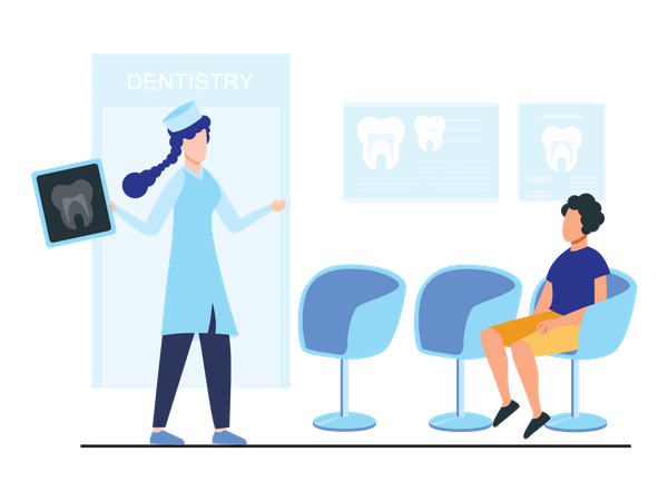 Médica orientando paciente usando relatório de raio-X  Ilustração