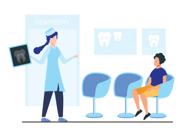 Médica orientando paciente usando relatório de raio-X  Ilustração