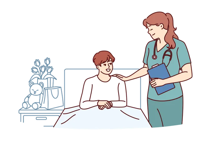 Médica perto de menino deitado na cama no hospital após complicações da doença  Ilustração