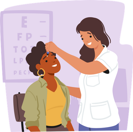 Médica pingando gotas em pacientes com sofrimento ocular de DES  Illustration