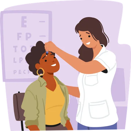 Médica pingando gotas em pacientes com sofrimento ocular de DES  Ilustração